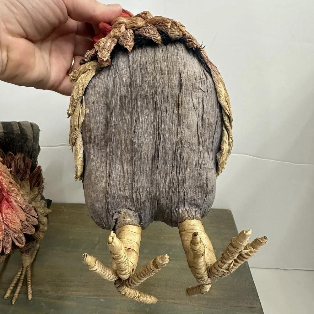 Set / 2 Vintage Paper Mache Rooster Chicken Hen Multi-colored Raffia Lightweight